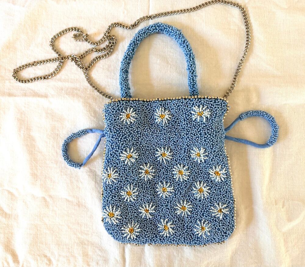 Viral 2022 Zara Hand Beaded Blue Daisy Bucket Bag Floral Drawstring Purse
